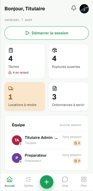 Écran d'accueil : bouton de démarrage de session, compteurs de tâches, de ruptures ouvertes, de locations à rendre et d'ordonnances à servir, puis la carte de l'équipe.