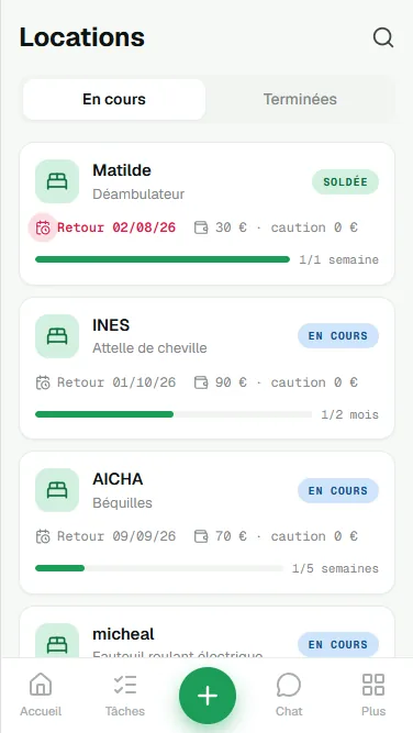 Location de matériel médical : échéancier de périodes, paiements enregistrés et solde restant dû.