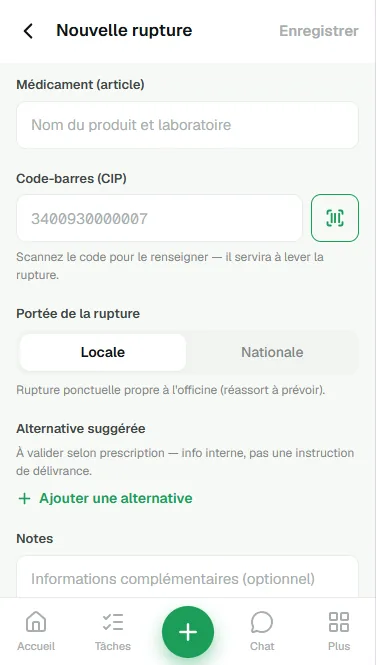 Déclaration d'une rupture : champ code-barres CIP avec le bouton de scan par la caméra.