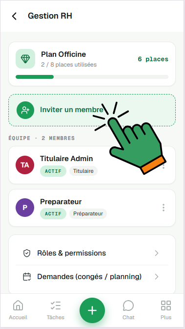Écran « Gestion RH » : les places utilisées sur la formule en cours, puis la liste des membres avec leur rôle. Le bouton « Inviter un membre » est désigné.