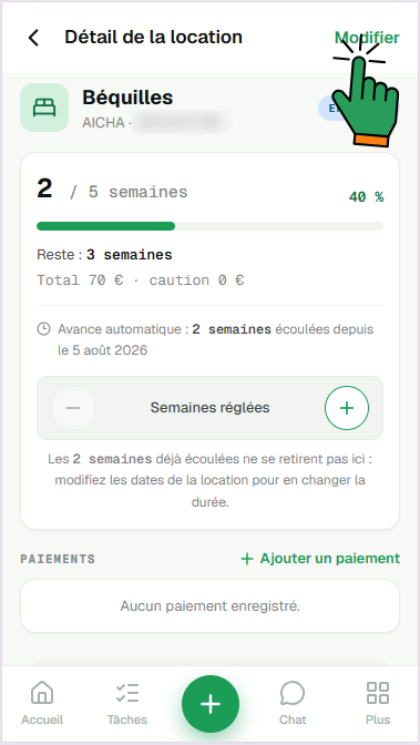 Détail d'une location : deux semaines réglées sur cinq, 40 %, et la mention « Avance automatique : 2 semaines écoulées ». Le lien « Modifier », en haut à droite, est désigné.