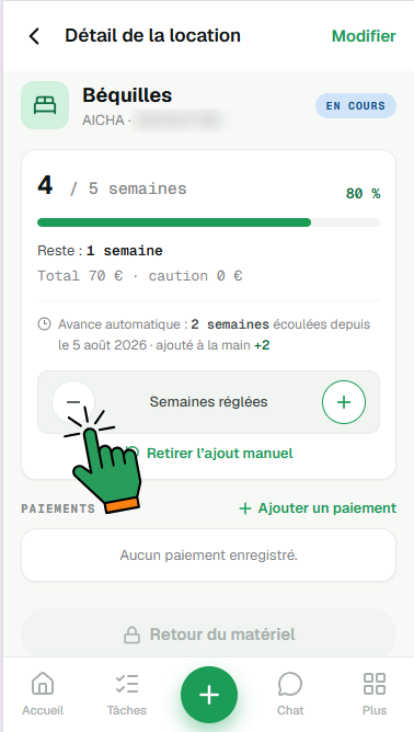 Détail de la même location après un ajout manuel : quatre semaines sur cinq, 80 %, la mention « ajouté à la main +2 », et le lien « Retirer l'ajout manuel ». Le bouton « moins » est désigné.
