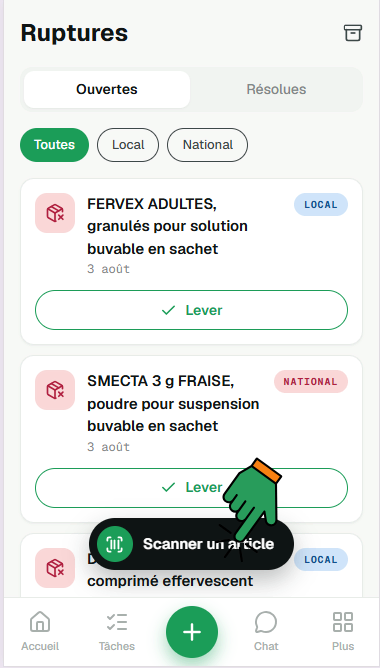 Onglet Ruptures, liste « Ouvertes » filtrée sur « Toutes » : chaque rupture porte son libellé produit, son étiquette locale ou nationale, sa date et un bouton « Lever ». Le bouton flottant « Scanner un article » est désigné.