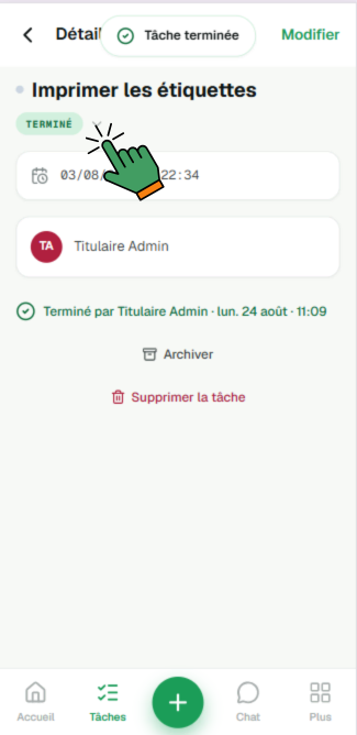 Détail d'une tâche terminée : la pastille « Terminé » est désignée. En dessous, la ligne indiquant qui l'a terminée avec le jour et l'heure, puis les actions « Archiver » et « Supprimer la tâche ».