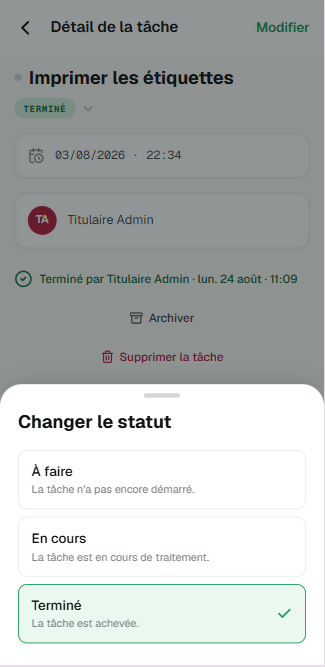 Feuille « Changer le statut » : les trois statuts — à faire, en cours, terminé — chacun avec sa définition. « Terminé » porte une coche.