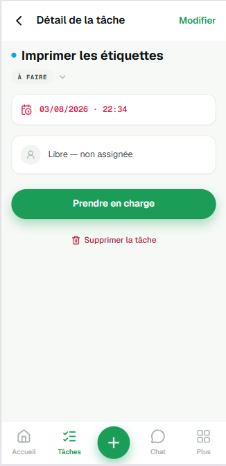 Détail d'une tâche : son intitulé, la pastille de statut « À faire », l'échéance, la mention « Libre — non assignée » et le bouton vert « Prendre en charge ».