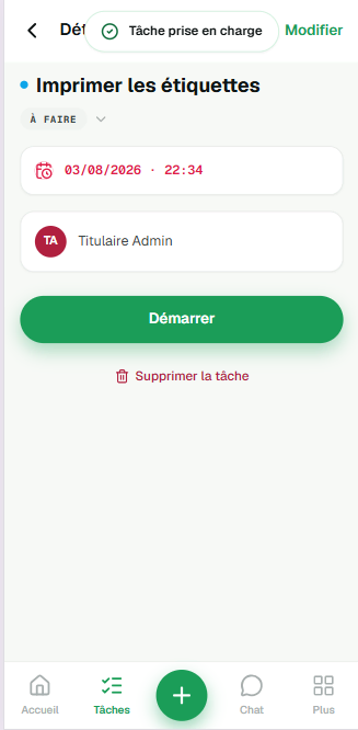 Détail de la même tâche : un bandeau « Tâche prise en charge » en haut, le nom de la personne à la place de la mention « libre », et le bouton vert devenu « Démarrer ».
